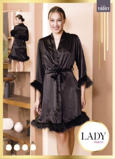 LADY lingerie Bride Tüylü Detaylı Saten Sabahlık resmi