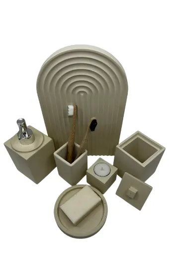 Bej Renk Beton Banyo Seti Sıvı Sabunluk resmi