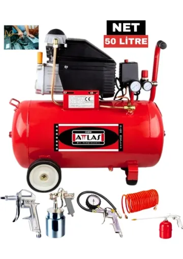 Attlas 2 HP 50 Litre Hava Kompresörü + 5 Parça Havalı Set | Model: HK2050 | Profesyonel Kullanım resmi