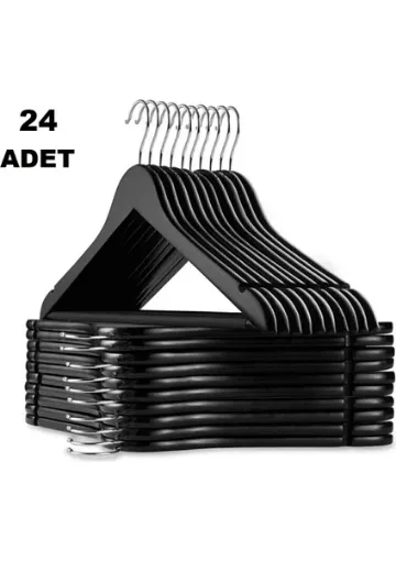 Askıcı Ahşap Görünümlü Plastik Kıyafet ve Elbise Askısı Siyah 24 Adet resmi
