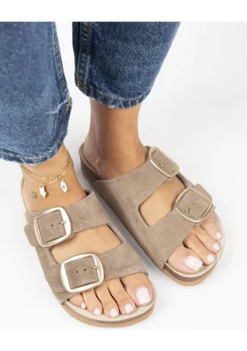 Manijero Irene Hakiki Deri Çift Tokalı Vizon Terlik resmi