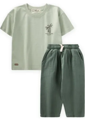 Cigit Organik Şalvarlı Palmiye Baskılı T-Shırt Takım 1-5 Yaş Su Yeşili resmi
