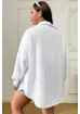 Trendseninle Kadın Beyaz Tek Cepli Bürümcük Oversize Gömlek resmi