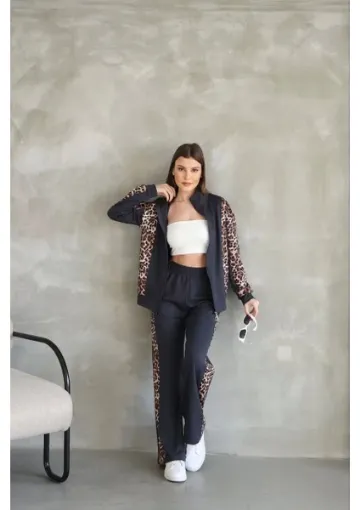 Robahood Osy Modal Yumuşak Dokulu Kumaş Kapüşonlu Leopar Desenli Fermuarlı Takım - Antrasit resmi