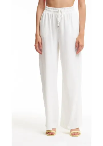Quzu Beli Lastikli Bol Paça Pantolon Beyaz resmi
