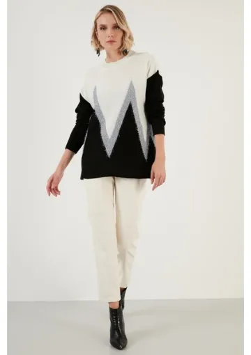 Lela Renk Bloklu Bisiklet Yaka Uzun Kazak Bayan Kazak 6310001 resmi