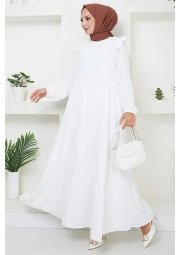 Hafsa Mina Omuzu Fırfırlı Ayrobin Tesettür Elbise Beyaz HM2062 resmi