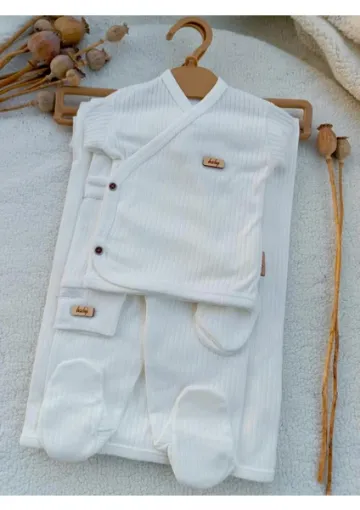 Bilge Trend Kız Erkek Bebek Natural 7 Parça Beyaz Hastane Çıkışı Zıbın Seti %100 Pamuk resmi