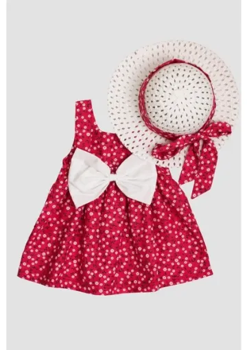 Chicsy Baby Şapkalı Çiçek Desenli Fiyonklu Kız Bebek Elbisesi resmi